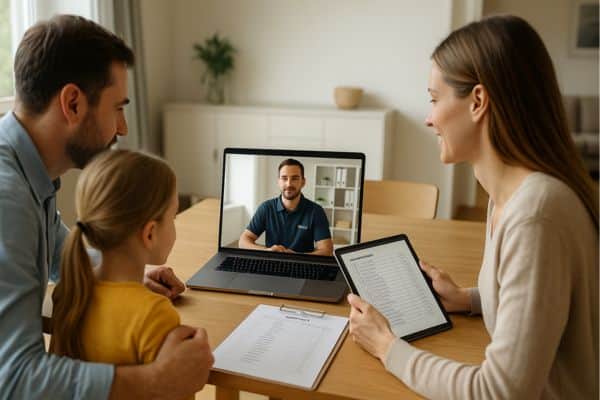 A family consulting with a moving company representative via video call for international relocation assistance.