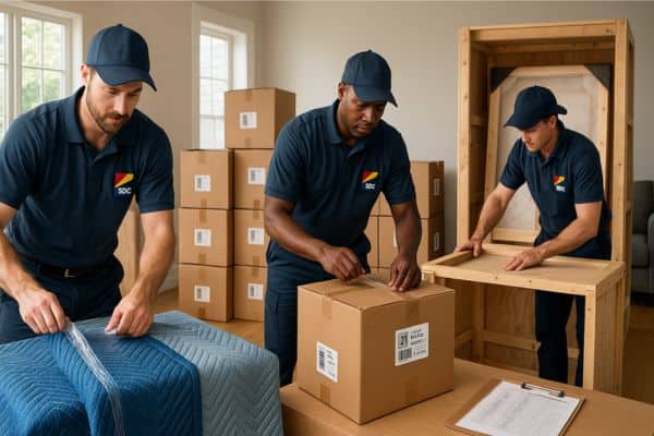 International packing and custom crating for corporate relocation shipments.