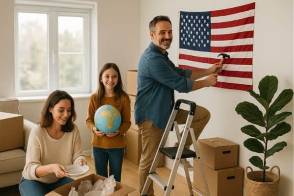 A smiling man and two young girls packing and preparing for an international move in a bright, sunny living room with boxes, an American flag, and a globe, illustrating professional global moving services.
