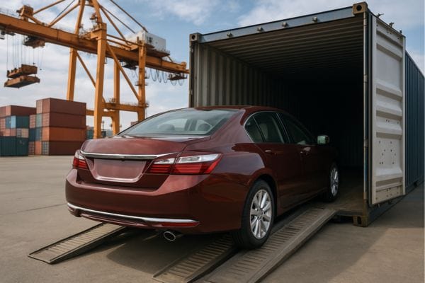 Moving a car into a shipping container at a port, with cranes and cargo in the background for international vehicle transport.