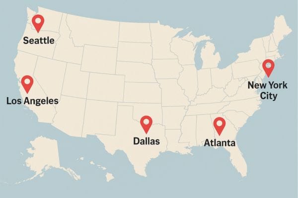 Seattle, Los Angeles, Dallas, Atlanta, and New York City highlighted on a U.S. map, representing key locations for SDC International Shipping's global moving services.