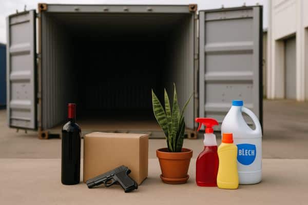 Unloading moving boxes and household items from a shipping container for international relocation.